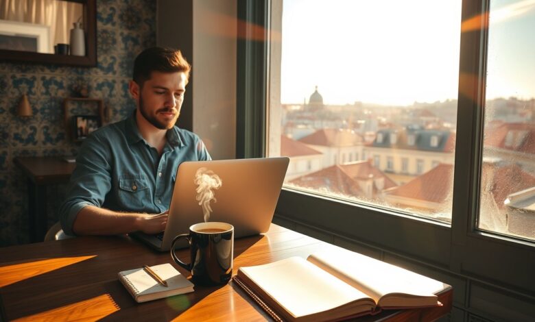 Nômade Digital Portugal: Guia Completo para Viver e Trabalhar Remotamente - Web Nômade Digital Nômade digital trabalhando remotamente em café português