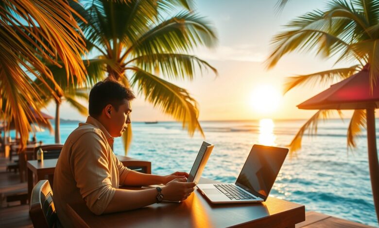 Como Ser Nômade Digital na Tailândia em 2024: Guia Completo - Web Nômade Digital Nômade digital trabalhando em praia tailandesa