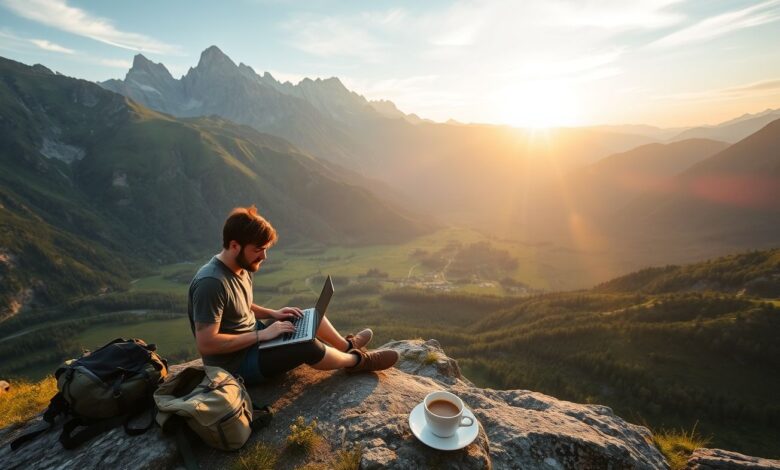 Nômades Natureza: O Guia Completo para Viajantes Digitais que Amam o Ecoturismo - Web Nômade Digital Nômade digital trabalhando na natureza com vista para montanhas