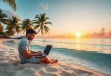 Nômade digital trabalhando em laptop na praia