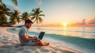 Nômade digital trabalhando em laptop na praia
