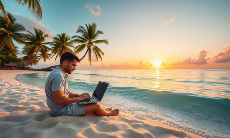 Nômades Digitais: O Guia Completo para Trabalhar e Viajar pelo Mundo - Web Nômade Digital Nômade digital trabalhando em laptop na praia