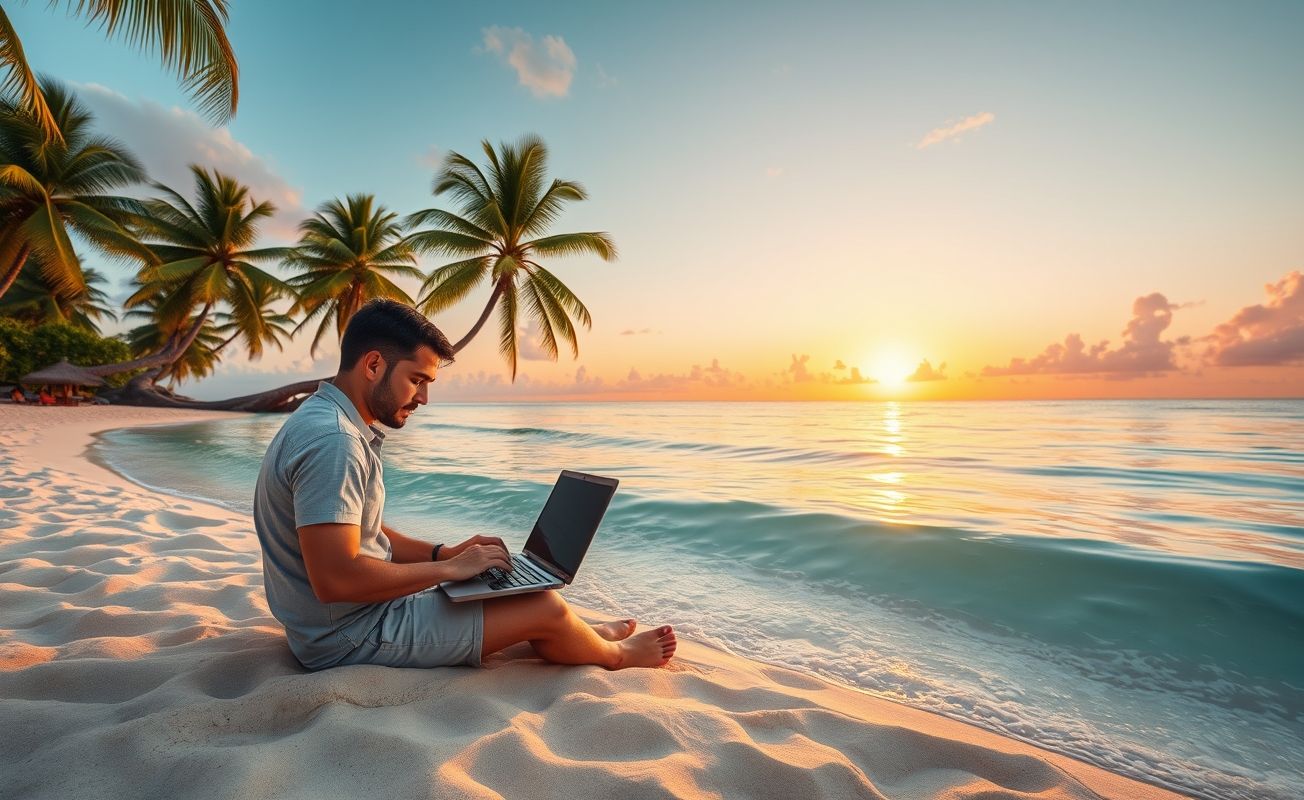 Nômade digital trabalhando em laptop na praia