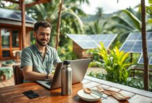 Nômade sustentável trabalhando em eco-lodge com energia solar