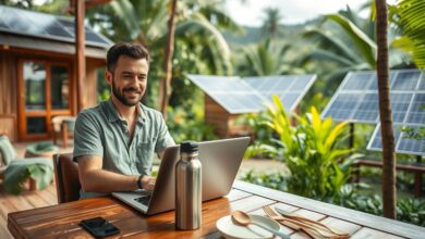 Nômade sustentável trabalhando em eco-lodge com energia solar