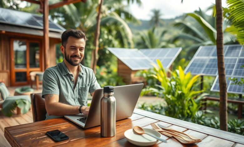 Nômade Sustentável: Como Viajar o Mundo Reduzindo Seu Impacto Ambiental - Web Nômade Digital Nômade sustentável trabalhando em eco-lodge com energia solar
