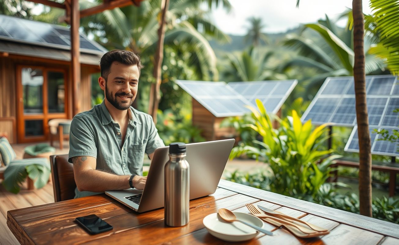 Nômade sustentável trabalhando em eco-lodge com energia solar
