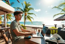 Nômade digital trabalhando em laptop em local paradisíaco