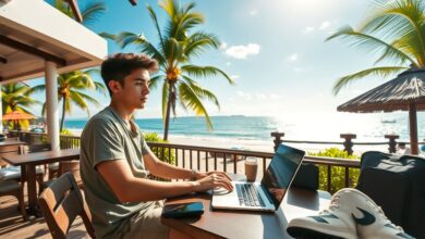 Nômade digital trabalhando em laptop em local paradisíaco