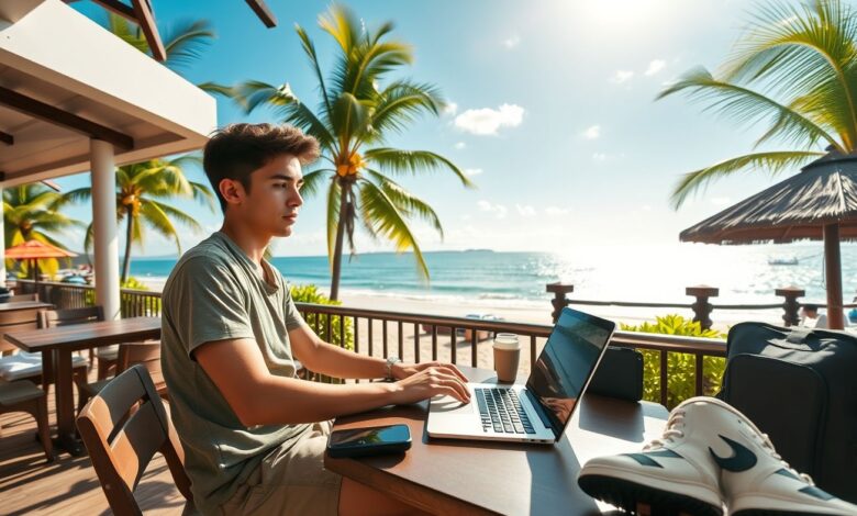 Nomadismo Barato 2025: Guia Completo para Viver com Pouco pelo Mundo - Web Nômade Digital Nômade digital trabalhando em laptop em local paradisíaco