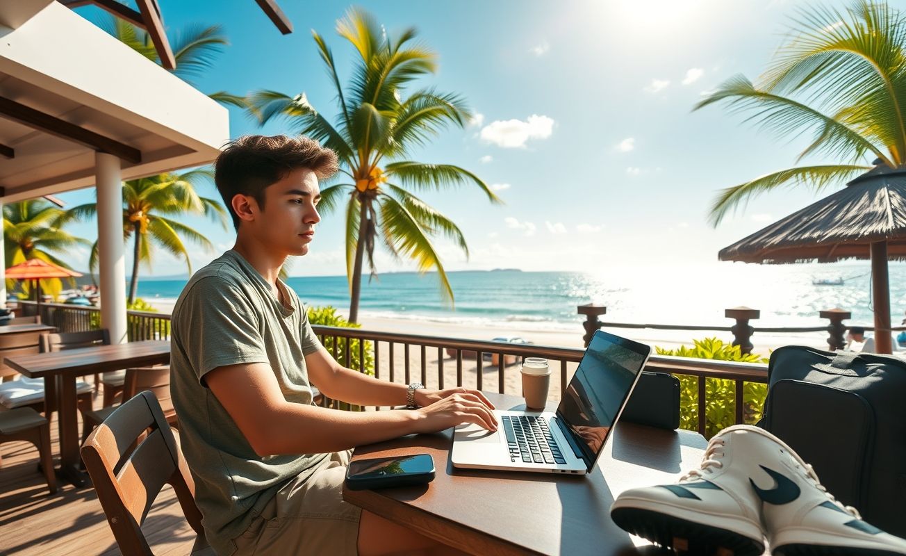 Nômade digital trabalhando em laptop em local paradisíaco