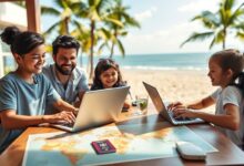 Família nômade digital trabalhando em viagem