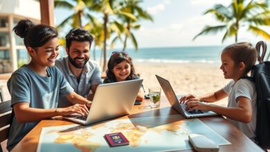 Família nômade digital trabalhando em viagem