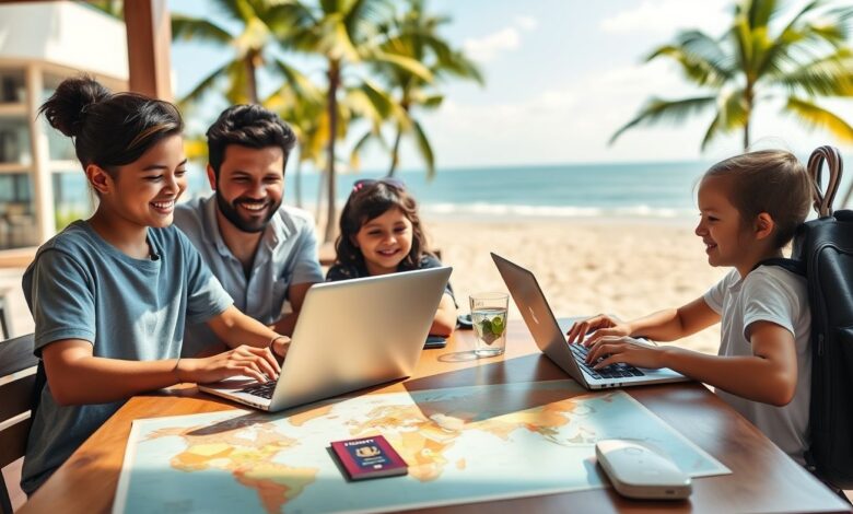 Nomadismo Familiar: Como Viajar o Mundo com Crianças em 2025 - Web Nômade Digital Família nômade digital trabalhando em viagem