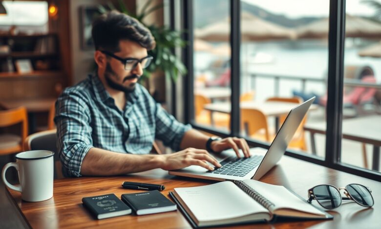 Notebook para Nômades Digitais: Guia Completo para Escolher o Melhor - Web Nômade Digital Nômade digital usando notebook em café