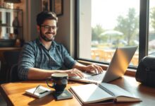 Nômade digital trabalhando em laptop com itens de viagem ao redor