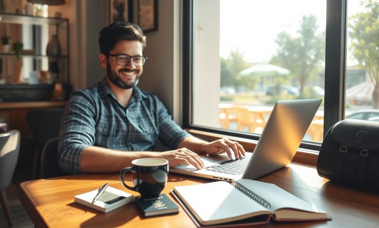 Orçamento Nômades Digitais: Guia Completo para Controlar Seus Gastos - Web Nômade Digital Nômade digital trabalhando em laptop com itens de viagem ao redor