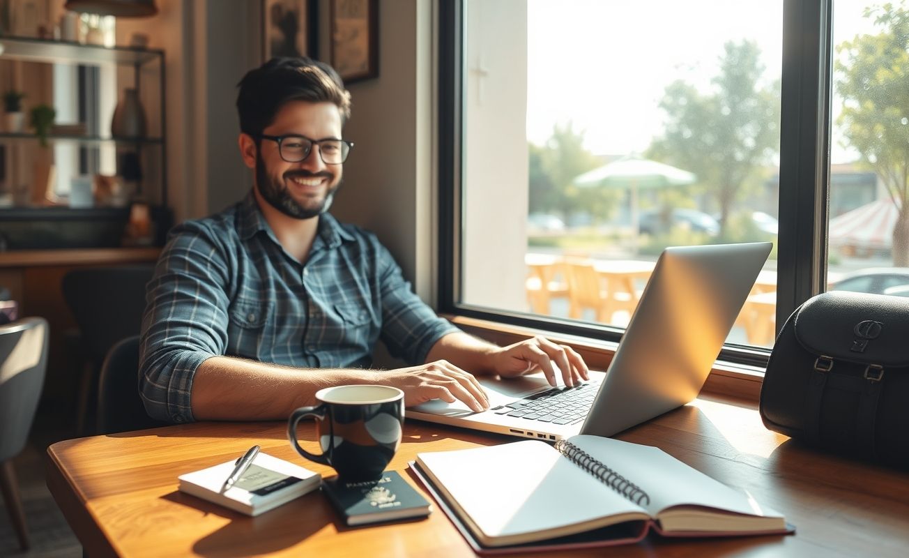 Nômade digital trabalhando em laptop com itens de viagem ao redor