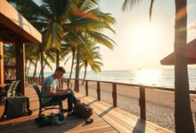 Nômade digital trabalhando remotamente em praia paradisíaca