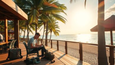 Nômade digital trabalhando remotamente em praia paradisíaca
