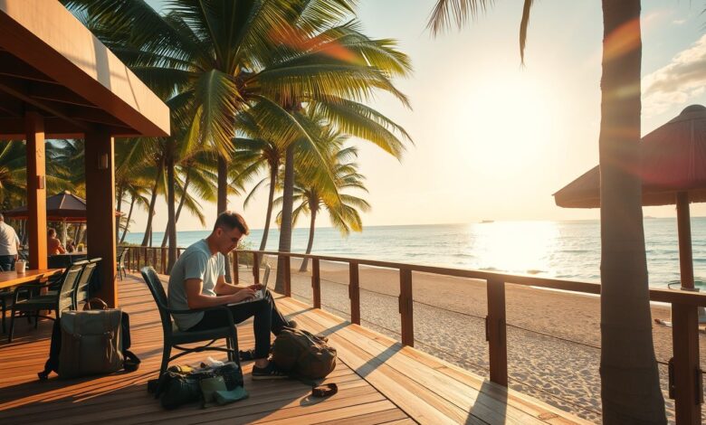 Primeiro Destino como Nômade: Guia 2025 - Web Nômade Digital Nômade digital trabalhando remotamente em praia paradisíaca