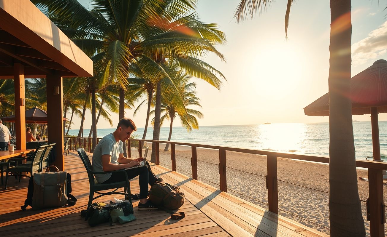 Nômade digital trabalhando remotamente em praia paradisíaca