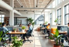 Coworking espaçoso com pessoas trabalhando em mesas compartilhadas