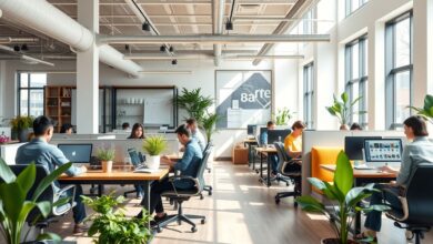 Coworking espaçoso com pessoas trabalhando em mesas compartilhadas