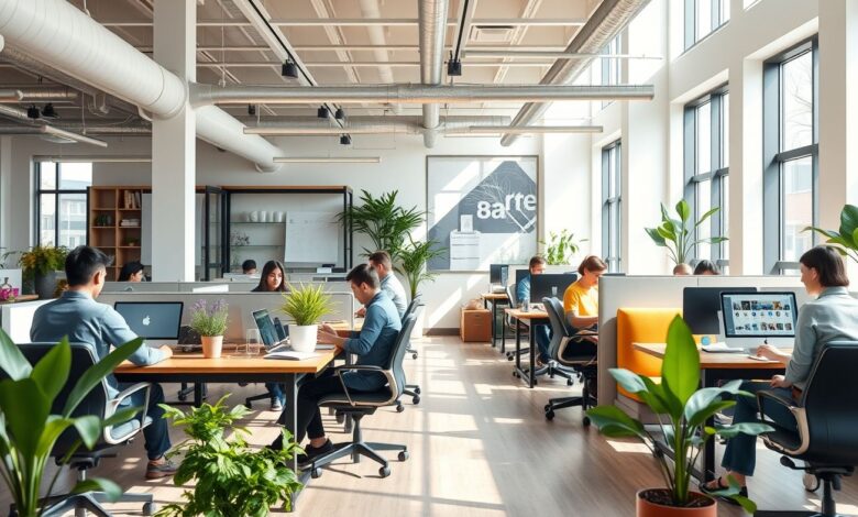 Produtividade em Coworking: Como Manter o Foco e a Organização em Espaços Compartilhados - Web Nômade Digital Coworking espaçoso com pessoas trabalhando em mesas compartilhadas