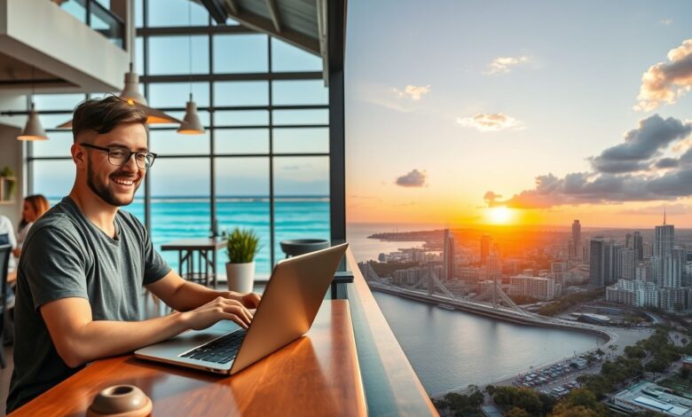 Qualidade de Vida Nômades: Como Viver Bem Trabalhando pelo Mundo - Web Nômade Digital Nômade digital trabalhando à beira-mar