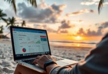 Nômade digital gerando renda passiva na praia