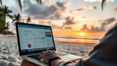 Nômade digital gerando renda passiva na praia
