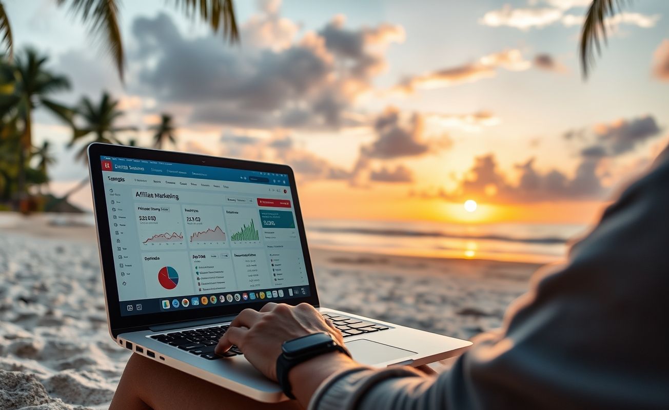 Nômade digital gerando renda passiva na praia