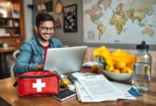 Nômade digital preparado com itens de saúde para viagens internacionais
