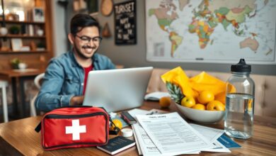 Nômade digital preparado com itens de saúde para viagens internacionais