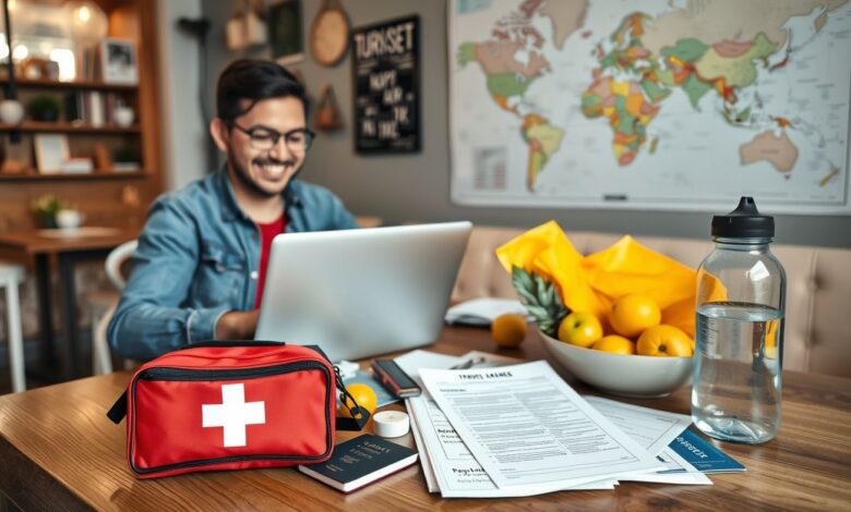 Saúde Internacional para Nômades: Como Garantir Atendimento Médico de Qualidade pelo Mundo - Web Nômade Digital Nômade digital preparado com itens de saúde para viagens internacionais