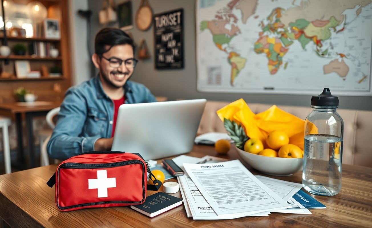 Nômade digital preparado com itens de saúde para viagens internacionais