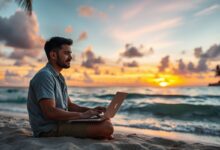 Nômade digital trabalhando na praia ao pôr do sol