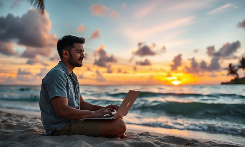 Nômade digital trabalhando na praia ao pôr do sol