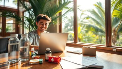 Nômade digital trabalhando com cuidados de saúde visíveis