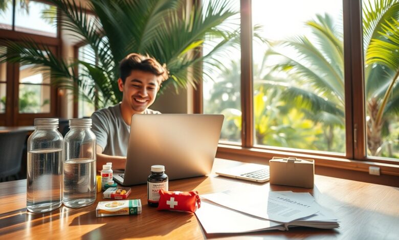 Saúde Nômades: Guia Completo para Cuidar do Bem-Estar em Viagens - Web Nômade Digital Nômade digital trabalhando com cuidados de saúde visíveis