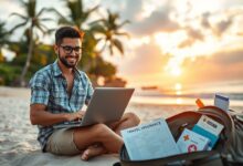 Nômade digital com notebook e seguro saúde na praia