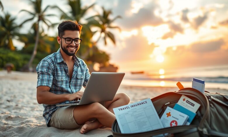 Seguro Saúde para Nômades Digitais: Tudo o Que Você Precisa Saber em 2025 - Web Nômade Digital Nômade digital com notebook e seguro saúde na praia