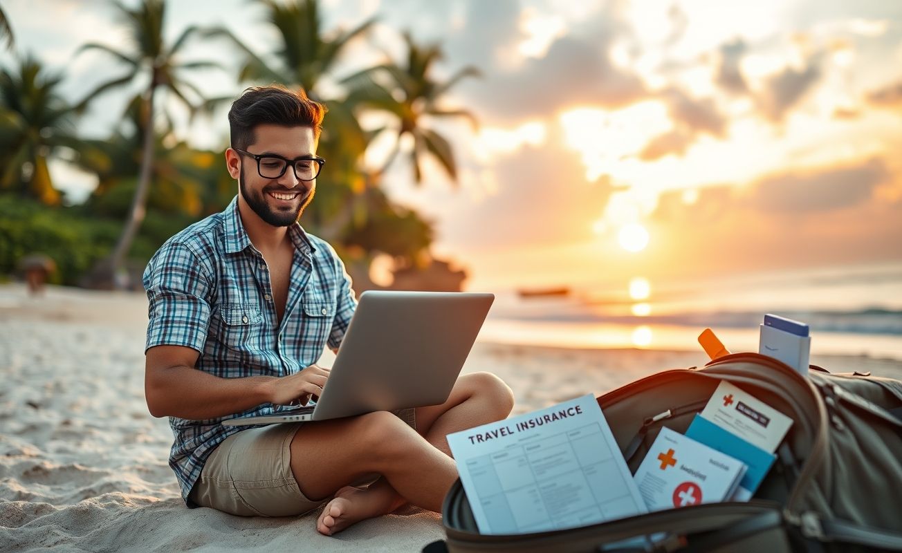 Nômade digital com notebook e seguro saúde na praia