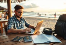 Nômade digital trabalhando remotamente com seguro viagem