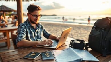 Nômade digital trabalhando remotamente com seguro viagem