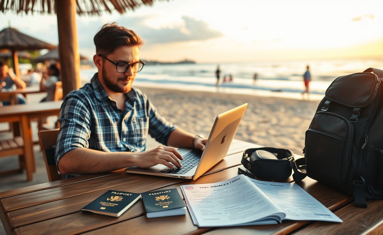 Nômade digital trabalhando remotamente com seguro viagem