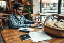 Nômade digital trabalhando com seguro viagem em café