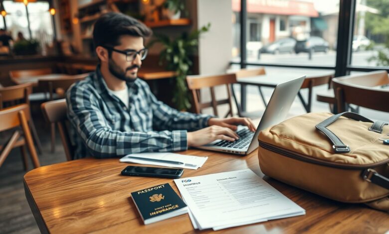 Seguro Viagem para Nômades Digitais em 2025: Tudo o Que Você Precisa Saber - Web Nômade Digital Nômade digital trabalhando com seguro viagem em café