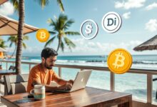 Nômade digital usando stablecoins em laptop à beira-mar